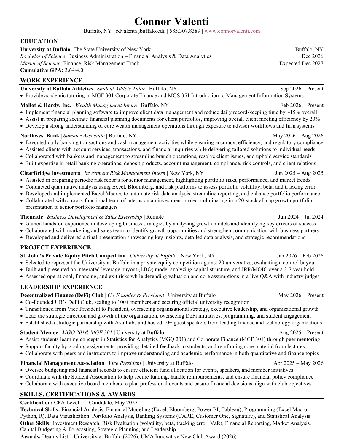Preview of Connor Valenti’s résumé. Use Open Résumé below to read the full PDF.